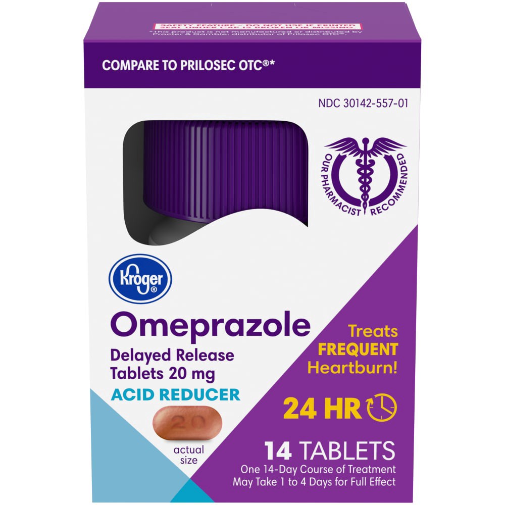 slide 2 of 3, Kroger Omeprazole Acid Reducer Delayed Release Tablets, 14 ct