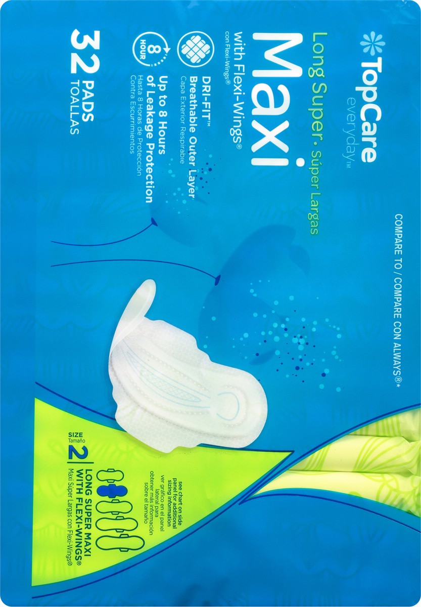 slide 4 of 9, TopCare Everyday Size 2 Long Super With Flexi-Wings Maxi Pads 32 ea, 32 ct