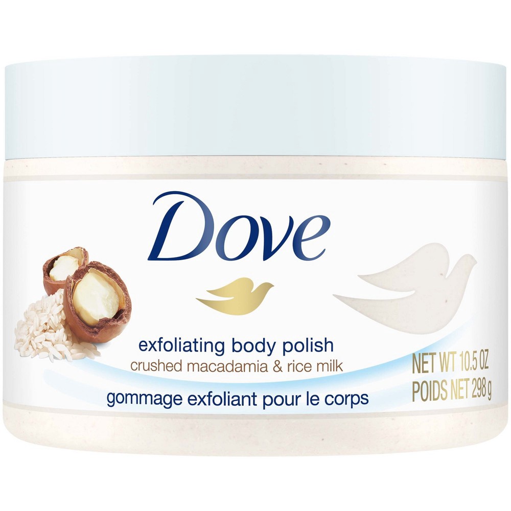 slide 2 of 7, Dove Exfoliating Body Polish and Moisturizing Body Wash with FREE Body Pouf Macadamia, Rice Milk and Deep Moisture, 3 count, 3 ct