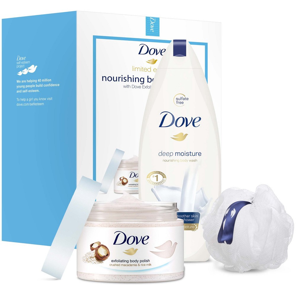 slide 3 of 7, Dove Exfoliating Body Polish and Moisturizing Body Wash with FREE Body Pouf Macadamia, Rice Milk and Deep Moisture, 3 count, 3 ct