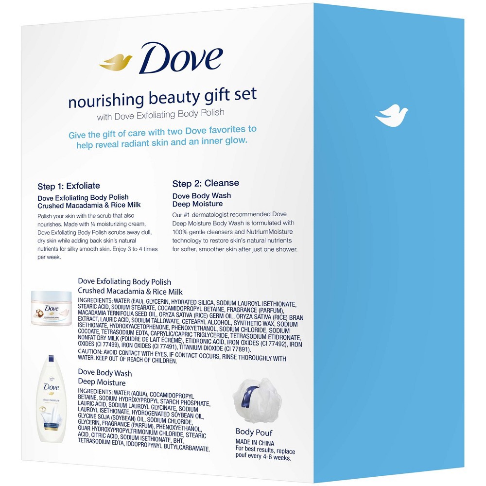 slide 6 of 7, Dove Exfoliating Body Polish and Moisturizing Body Wash with FREE Body Pouf Macadamia, Rice Milk and Deep Moisture, 3 count, 3 ct