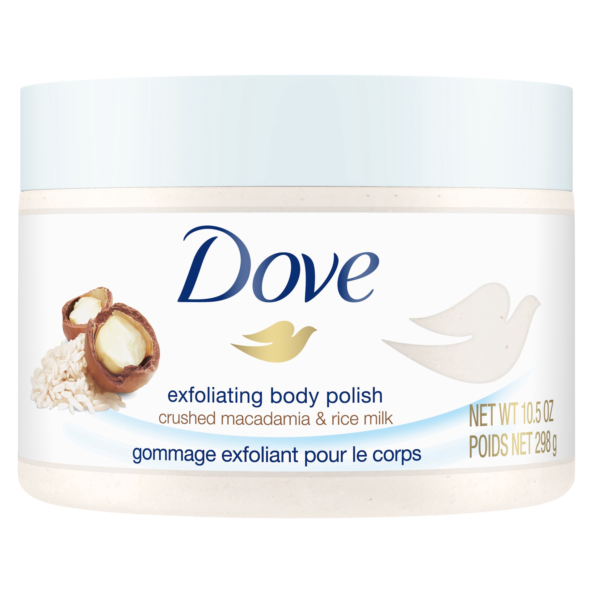 slide 1 of 7, Dove Exfoliating Body Polish and Moisturizing Body Wash with FREE Body Pouf Macadamia, Rice Milk and Deep Moisture, 3 count, 3 ct