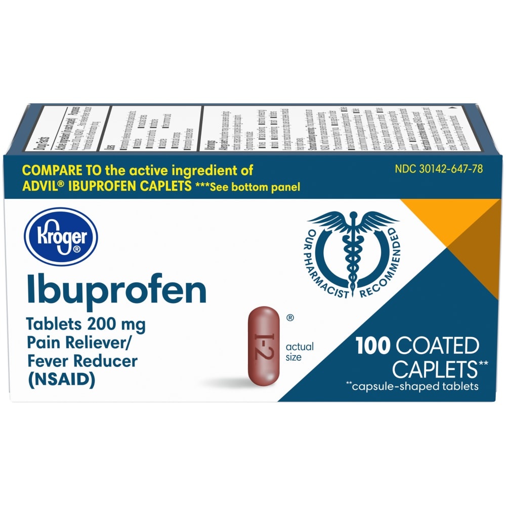 slide 1 of 1, Kroger Ibuprofen 200 Mg Pain Reliever Coated Caplets, 100 ct