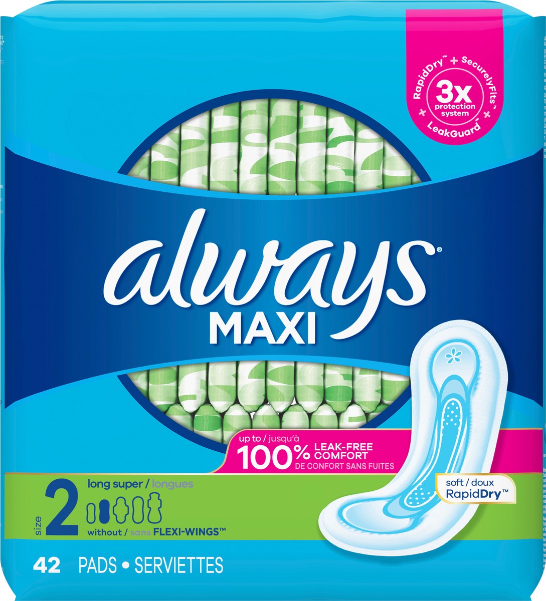 slide 2 of 2, Always Maxi Feminine Pads without Wings for Women, Size 2, Long Super Absorbency, Unscented 42 Count, 42 ct