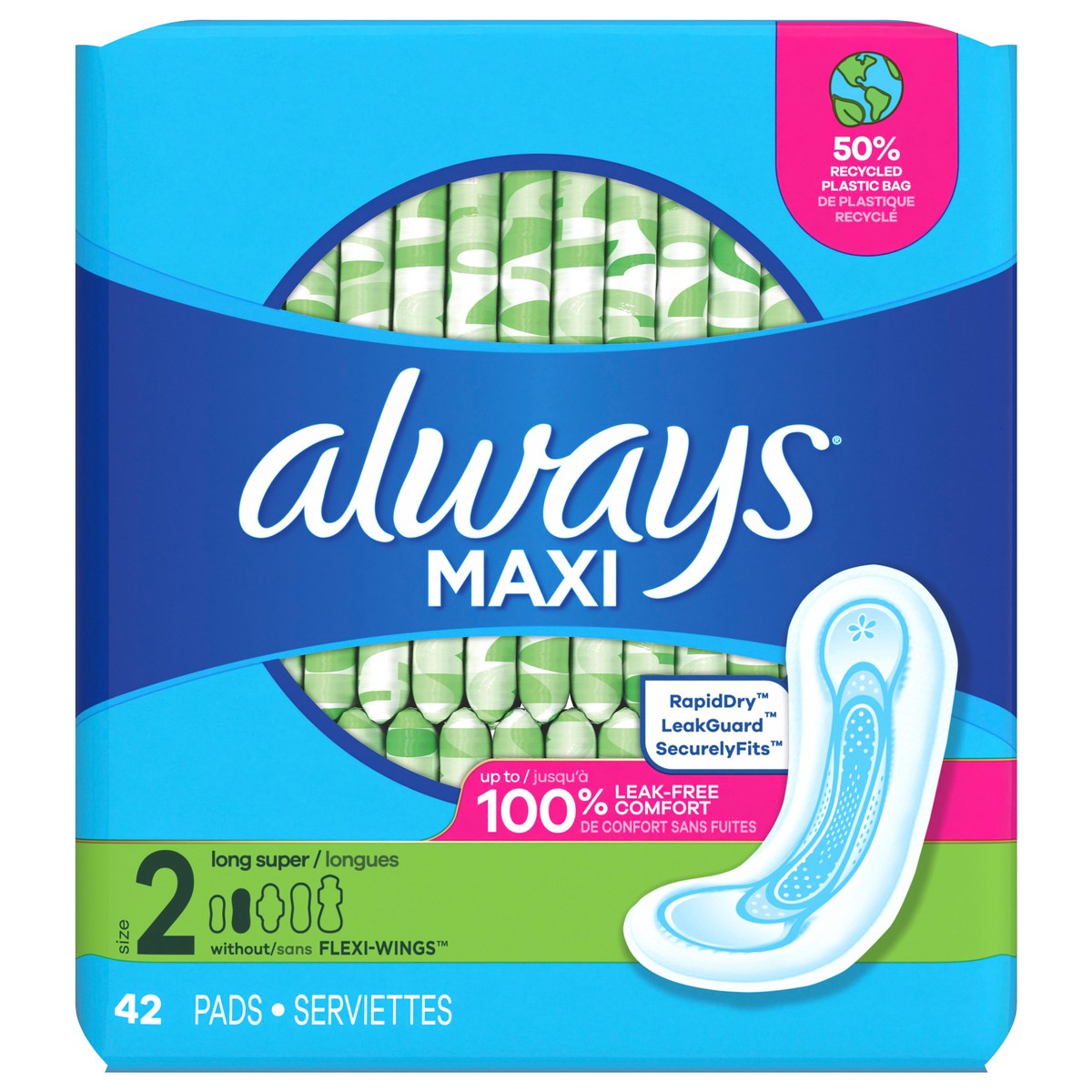 slide 1 of 2, Always Maxi Feminine Pads without Wings for Women, Size 2, Long Super Absorbency, Unscented 42 Count, 42 ct