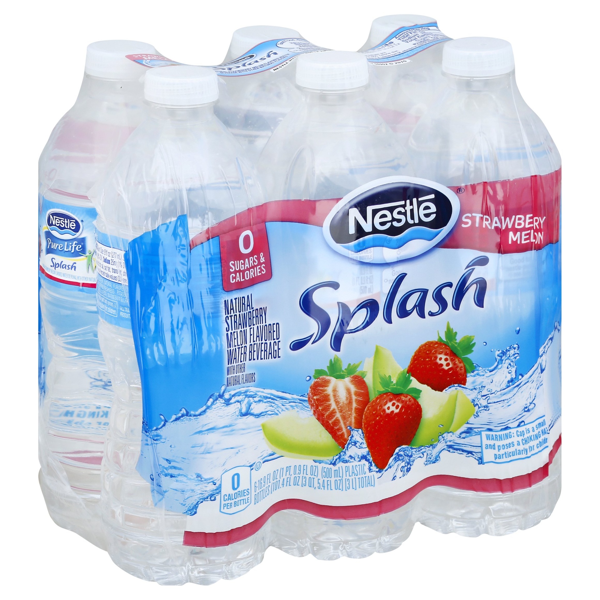 slide 1 of 2, Nestlé pure life splash water beverages with natural fruit flavors strawberry melon plastic bottles pack of 6, 16.9 oz