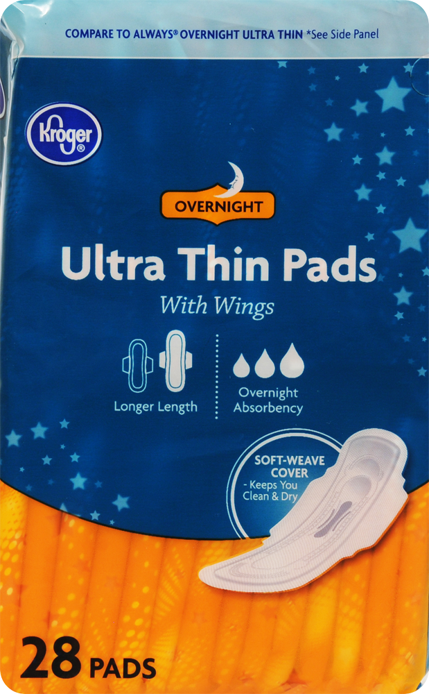 slide 1 of 1, Kroger Ultra Thin Overnight With Wings Pads, 28 ct