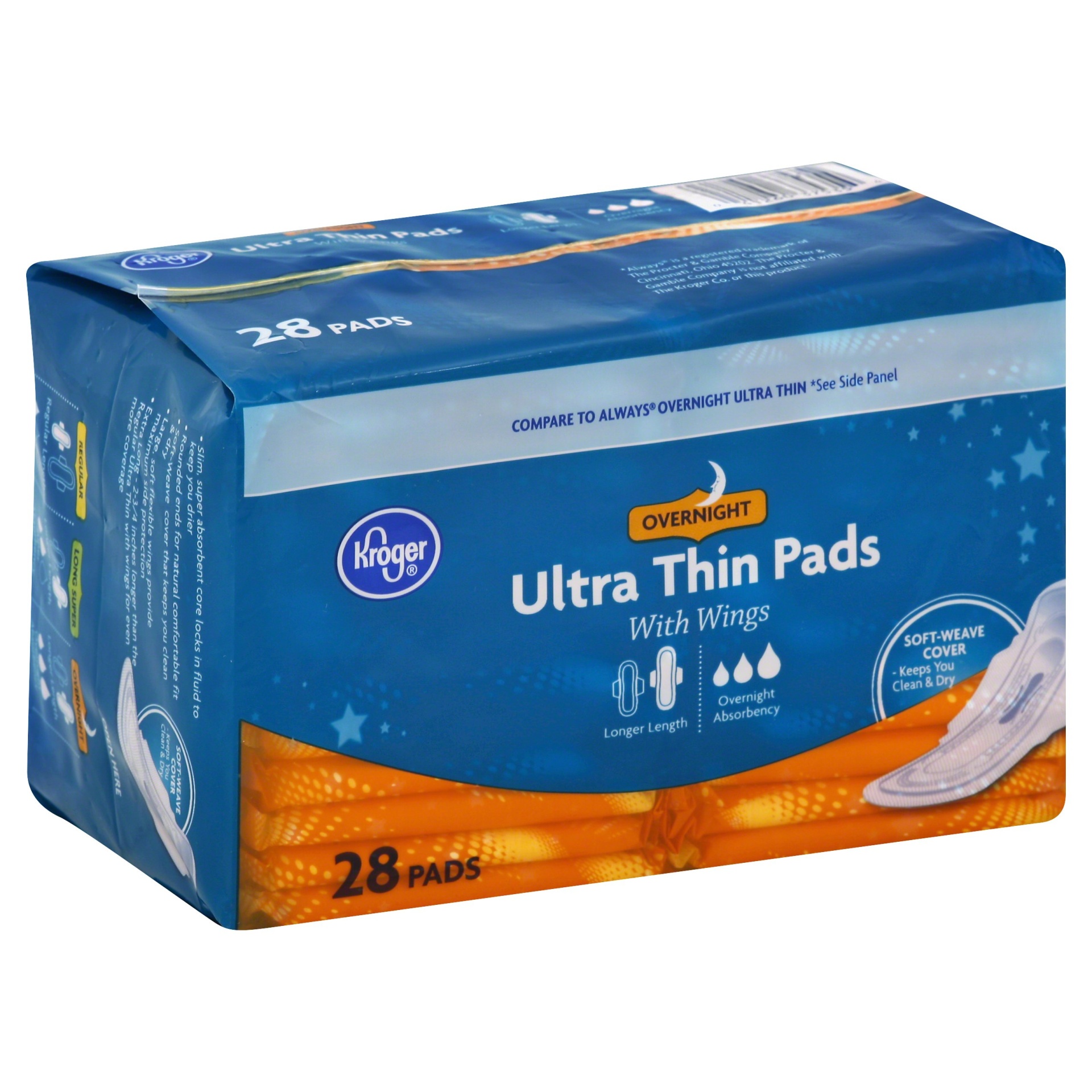 slide 1 of 1, Kroger Ultra Thin Overnight With Wings Pads, 28 ct