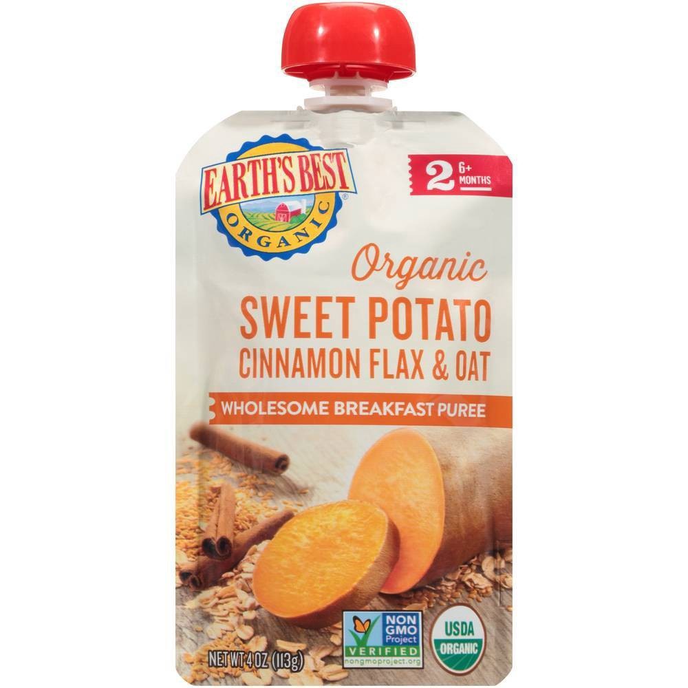 slide 1 of 3, Earth's Best Organic Stage 2 Sweet Potato Cinnamon Flax & Oat Organic Wholesome Breakfast Puree 4 oz. Pouch, 4 oz