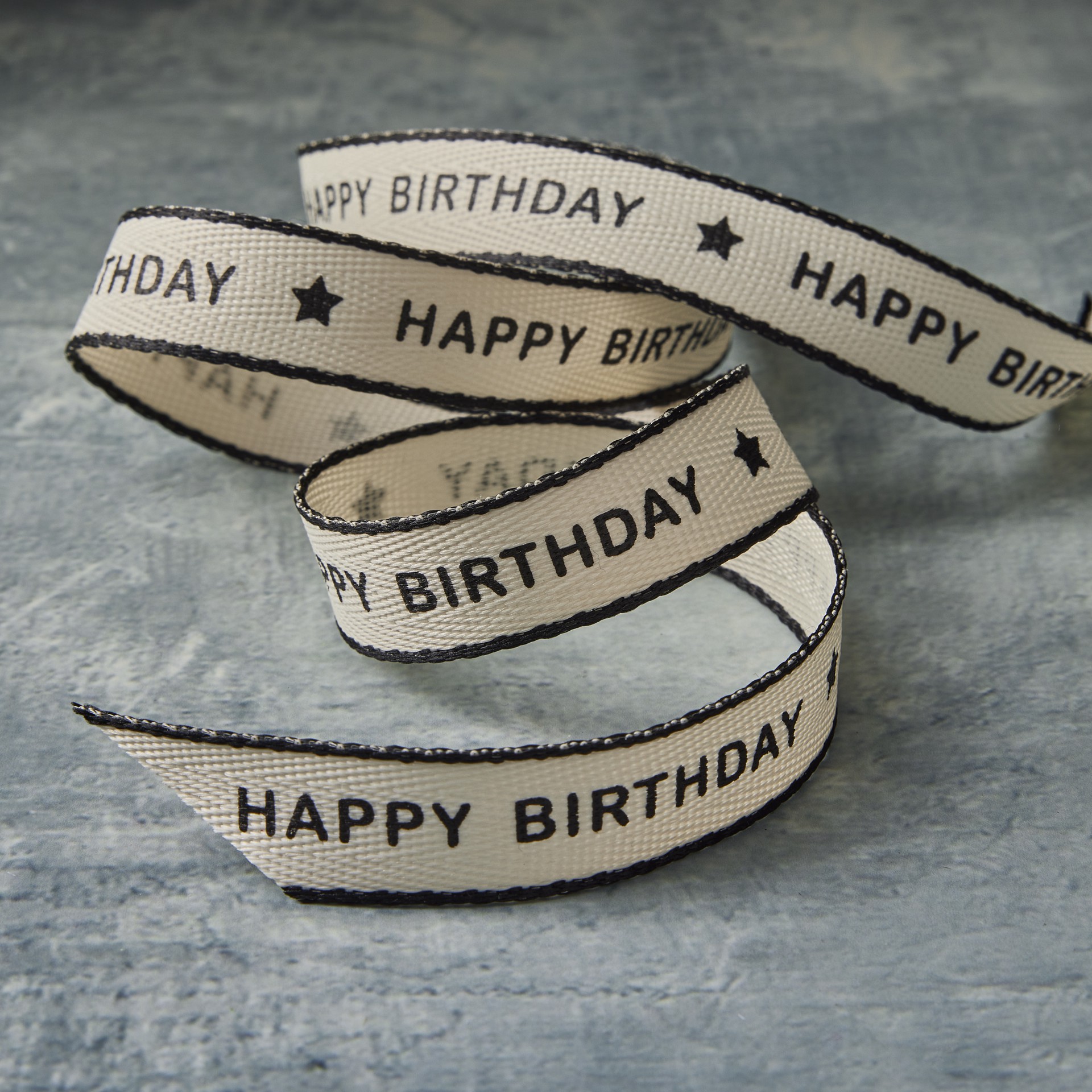 slide 2 of 2, 5/8" X 7yd. Black Happy Birthday Faux Linen Ribbon By Celebrate It Classic, 5/8 in x 7 yd