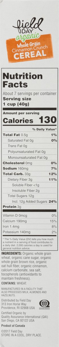 slide 10 of 14, Field Day Organic Whole Grain Cinnamon Crunch Cereal 10 oz, 10 oz