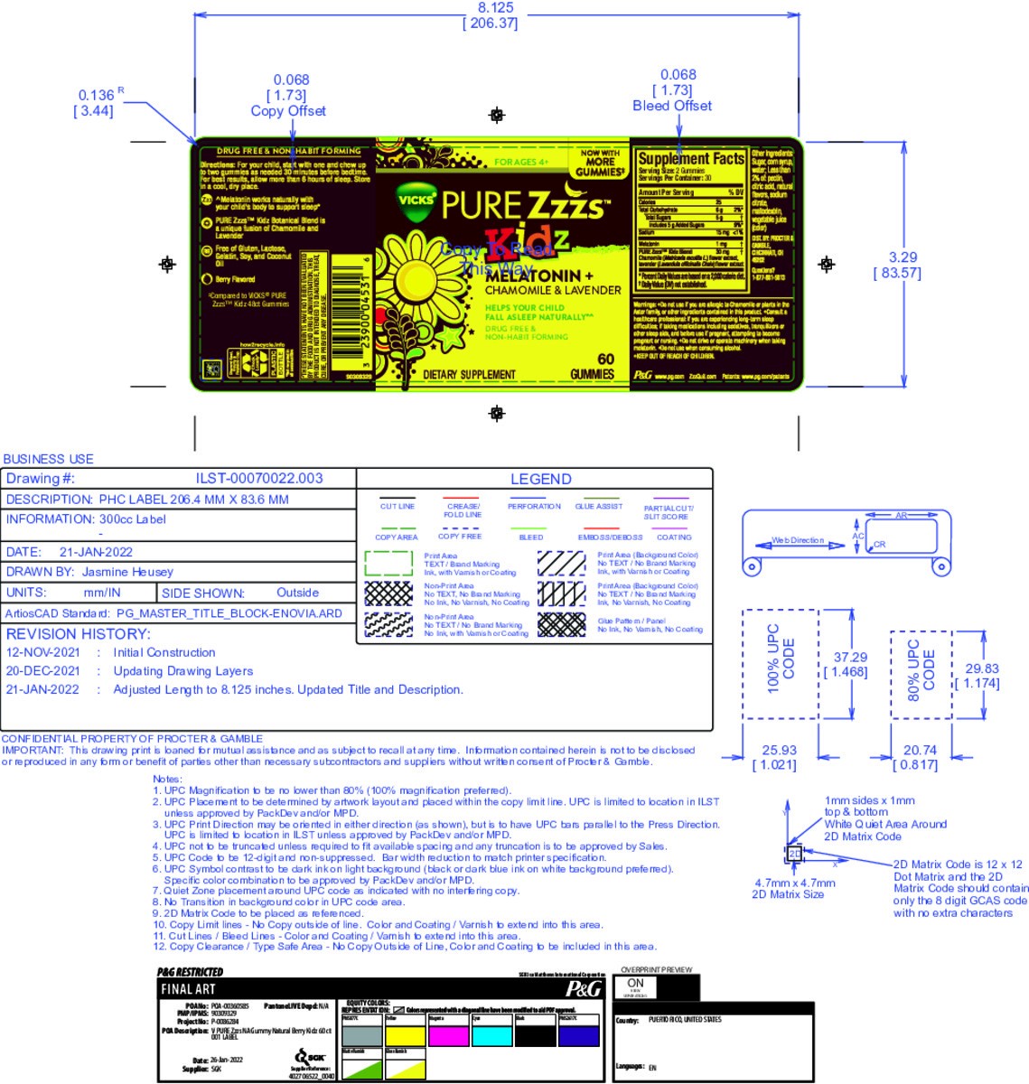 slide 7 of 9, VICKS PURE Zzzs Kidz Calming Sleep, Melatonin + Magnesium Sleep Aid Gummies for Kids and Children, Helps Your Child Fall Asleep Naturally, Low Dose Melatonin, Berry Flavored, 60 Gummies, 60 ct