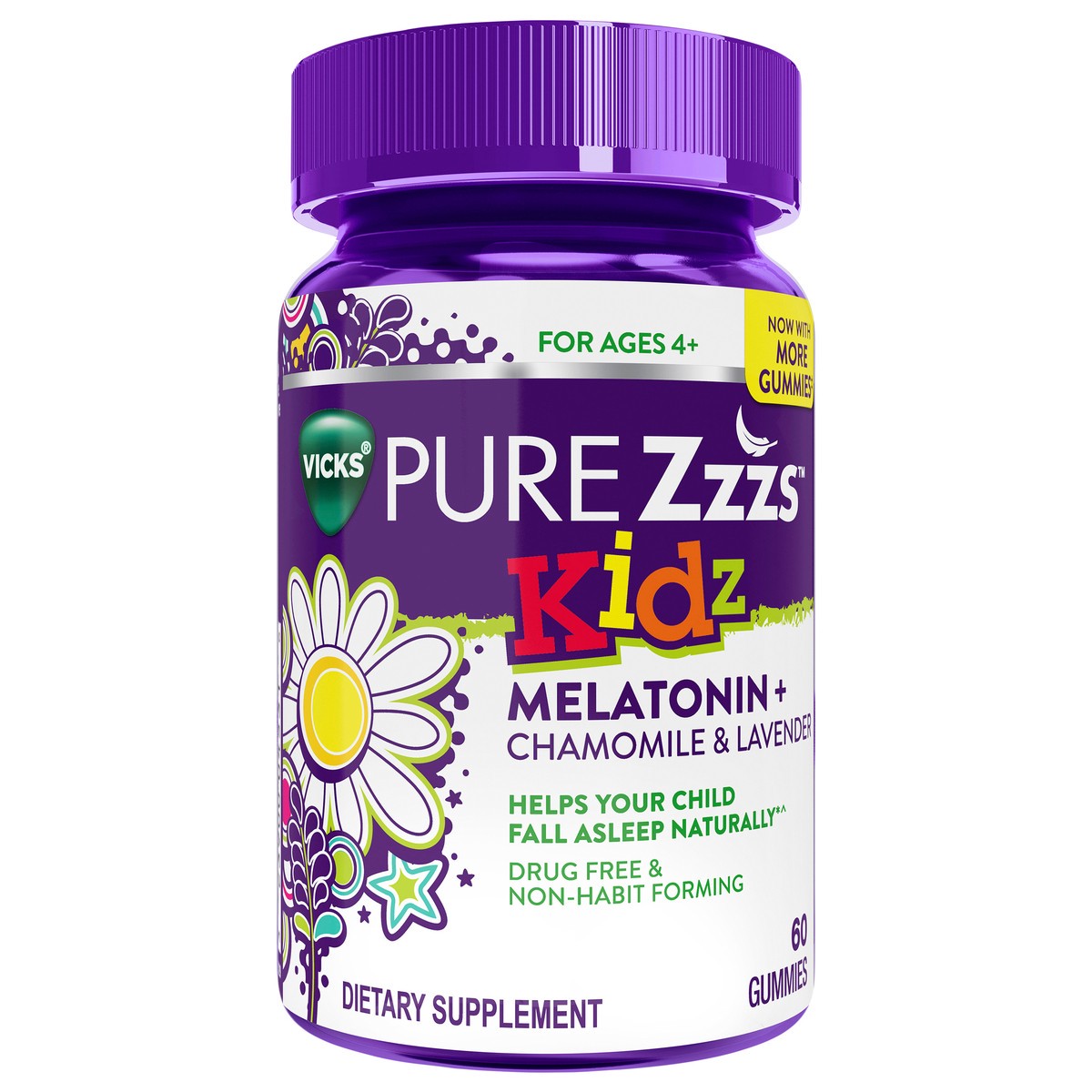 slide 5 of 9, VICKS PURE Zzzs Kidz Calming Sleep, Melatonin + Magnesium Sleep Aid Gummies for Kids and Children, Helps Your Child Fall Asleep Naturally, Low Dose Melatonin, Berry Flavored, 60 Gummies, 60 ct