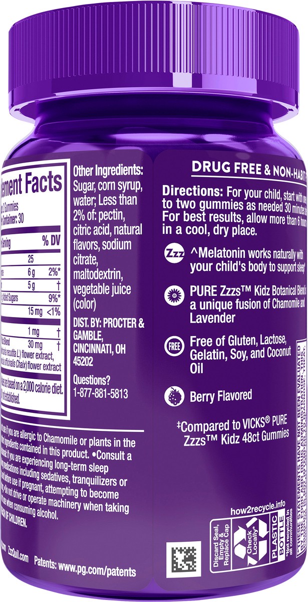 slide 8 of 9, VICKS PURE Zzzs Kidz Calming Sleep, Melatonin + Magnesium Sleep Aid Gummies for Kids and Children, Helps Your Child Fall Asleep Naturally, Low Dose Melatonin, Berry Flavored, 60 Gummies, 60 ct