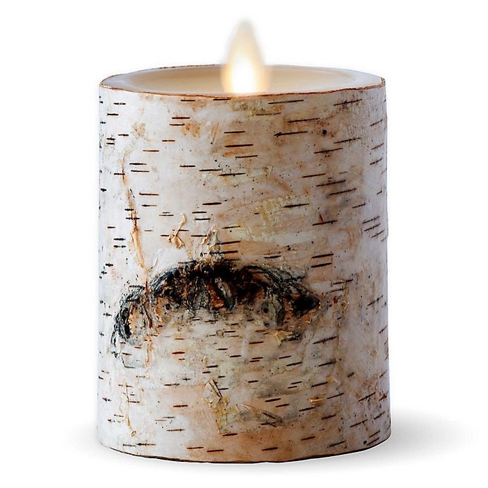 slide 1 of 1, Luminara Birch Real-Flame Effect Pillar Candle - Brown, 4 in