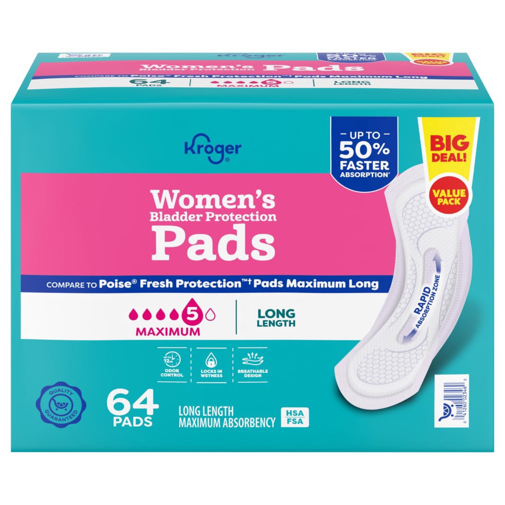 slide 1 of 1, Kroger® Maximum Absorbency Long Length Pads Value Pack, 64 ct