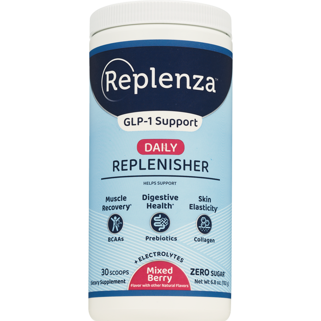 slide 1 of 1, REPLENZA™ Daily Replenisher - Powder for GLP-1 and Semaglutide Weight Loss Support – for Muscle Recovery, Digestive Health and Skin Elasticity - A Mix of Amino Acids, Prebiotics and Collagen Protein Peptides, Mixed Berry, 30 Servings, 6.8 oz