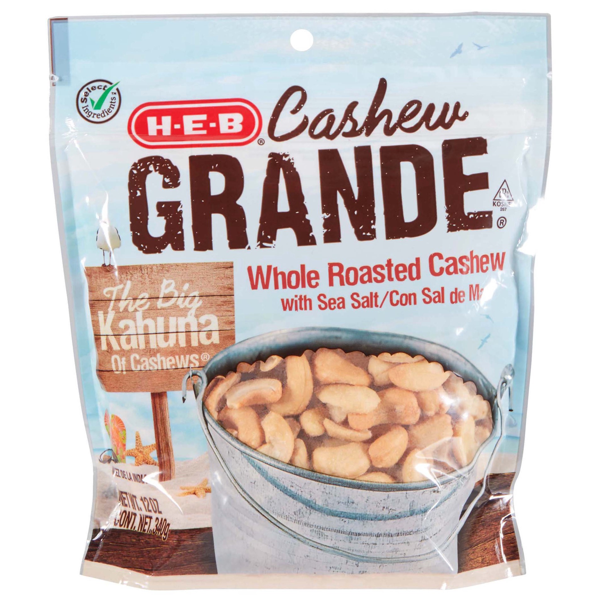 slide 1 of 1, H-E-B Cashew Grande Whole Roasted Cashew With Sea Salt, 12 oz