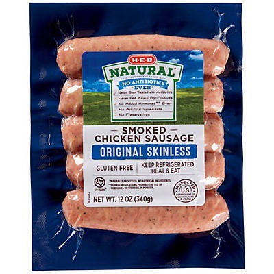 slide 1 of 1, H-E-B Natural Skinless Smoked Chicken Sausage, 12 oz