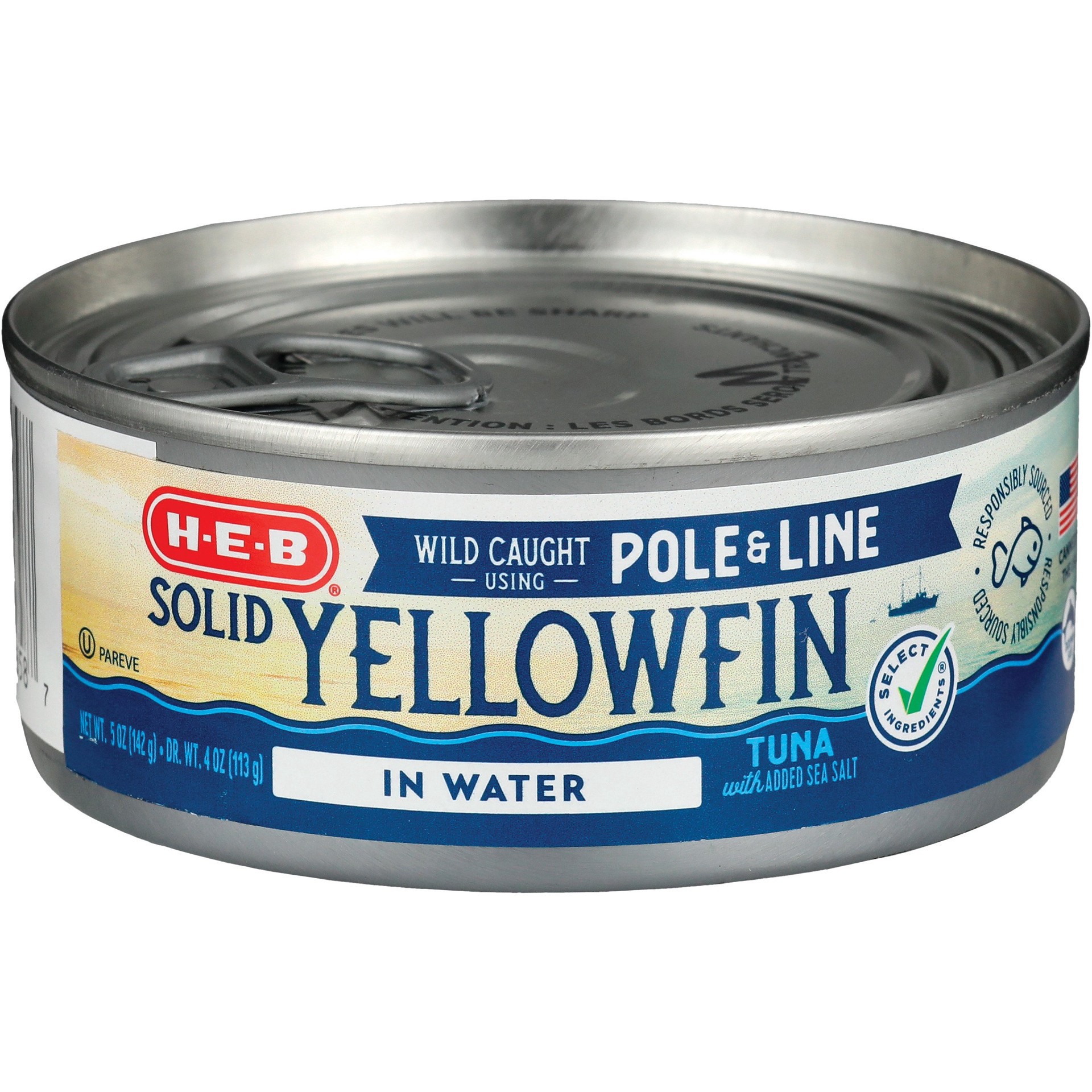slide 1 of 1, H-E-B Pole & Line Solid Yellowfin Tuna in Water, 5 oz