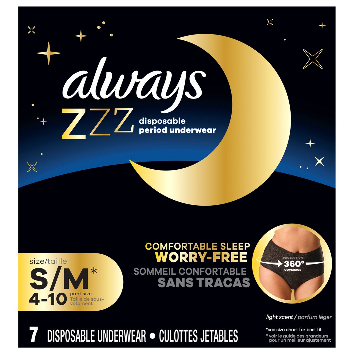 slide 1 of 8, Always ZZZ Overnight Disposable Period Underwear for Women Sz S-M, 360° Coverage for Worry-Free Nights, 7 Count, 7 ct