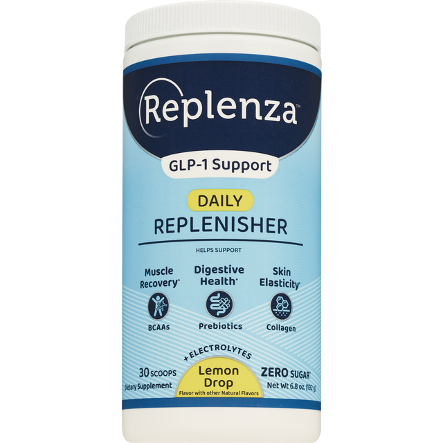 slide 1 of 1, REPLENZA™ Daily Replenisher - Powder for GLP-1 and Semaglutide Weight Loss Support – for Muscle Recovery, Digestive Health and Skin Elasticity - A Mix of Amino Acids, Prebiotics and Collagen Protein Peptides, 30 Servings, 6.8 oz