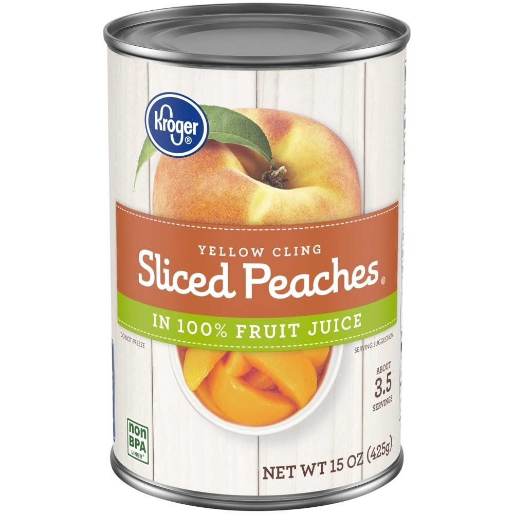 slide 1 of 1, Kroger Yellow Cling Sliced Peaches in 100% Fruit Juice, 15 oz