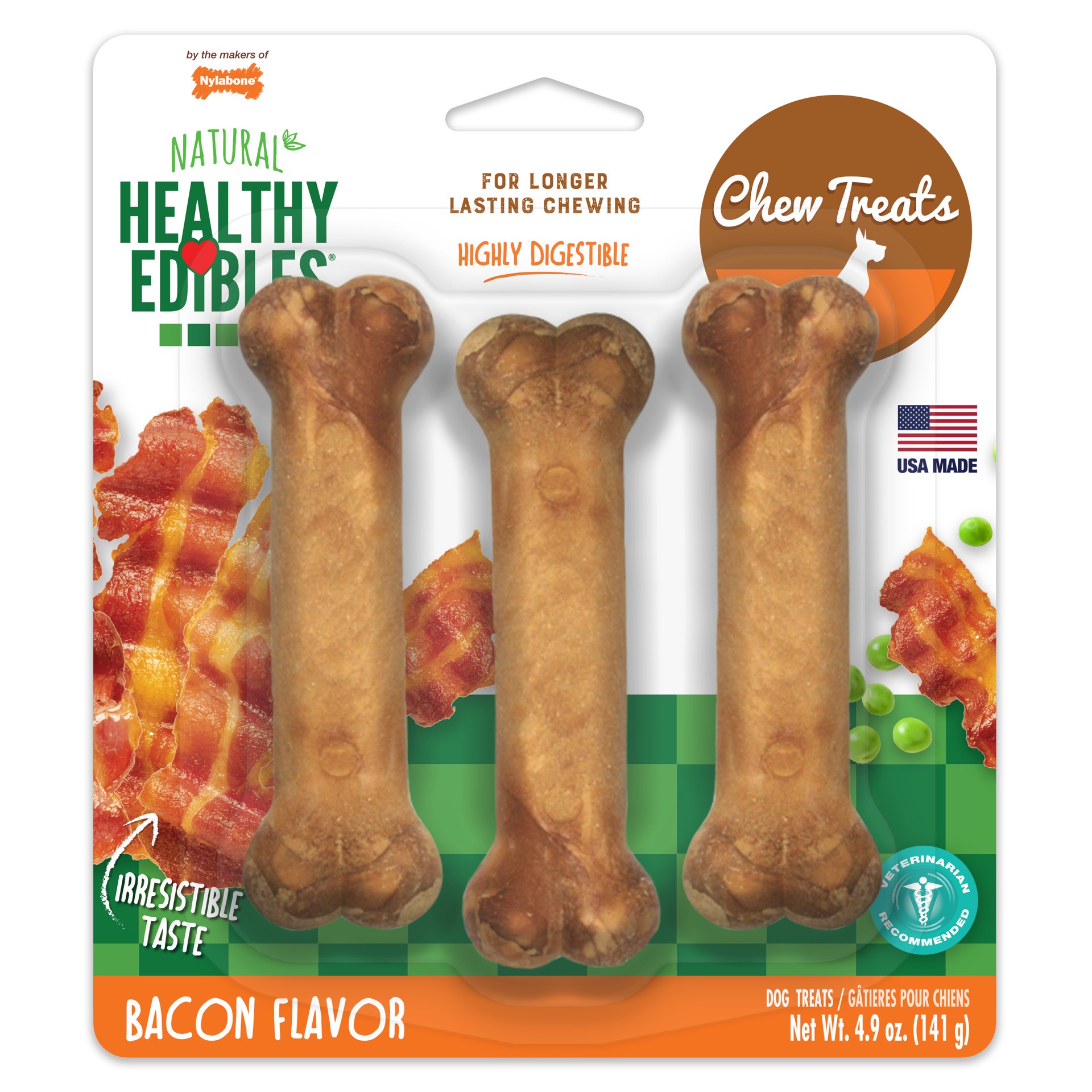 slide 1 of 10, Nylabone Healthy Edibles All-Natural Long Lasting Bacon Chew Treats Small/Regular - Up to 25 Ibs.(3 Count), 3 ct