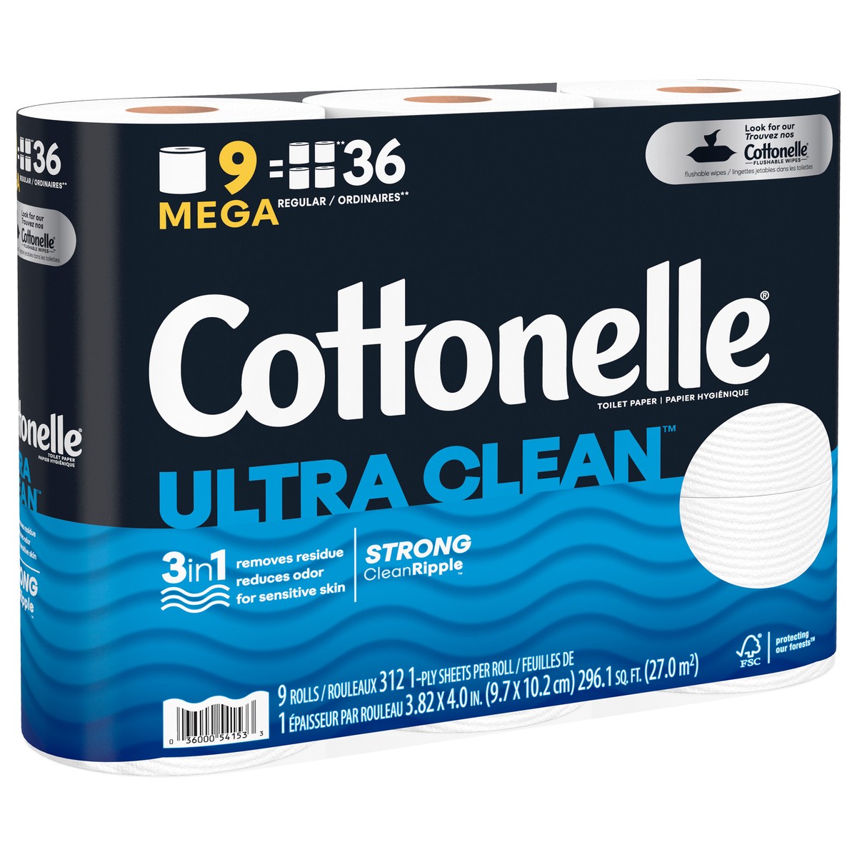 slide 2 of 9, Cottonelle Ultra Clean Toilet Paper, Strong Toilet Tissue, 9 Mega Rolls (9 Mega Rolls = 36 Regular Rolls), 312 Sheets per Roll, 9 ct