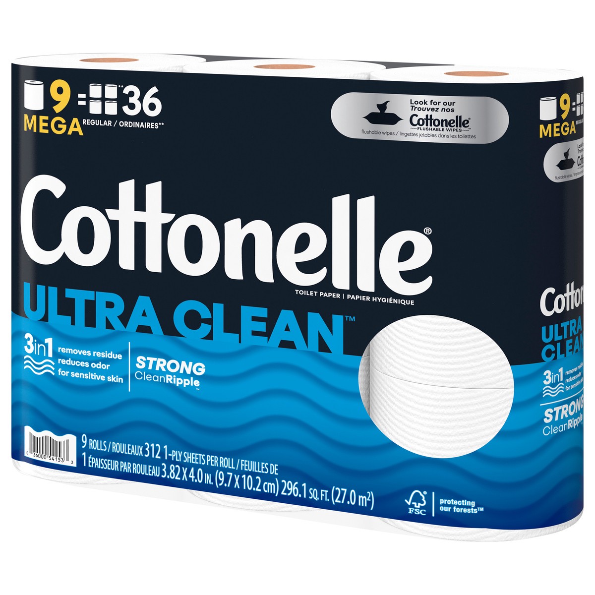 slide 7 of 9, Cottonelle Ultra Clean Toilet Paper, Strong Toilet Tissue, 9 Mega Rolls (9 Mega Rolls = 36 Regular Rolls), 312 Sheets per Roll, 9 ct