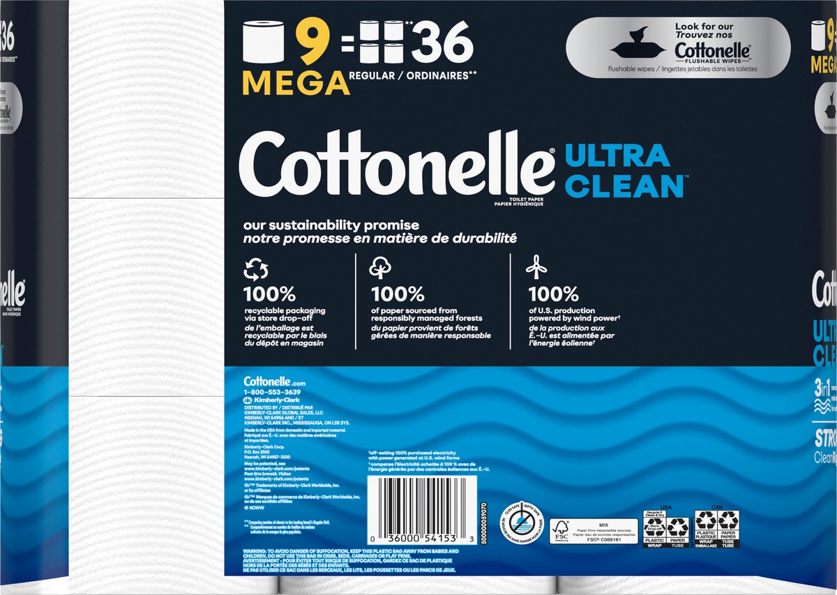 slide 5 of 9, Cottonelle Ultra Clean Toilet Paper, Strong Toilet Tissue, 9 Mega Rolls (9 Mega Rolls = 36 Regular Rolls), 312 Sheets per Roll, 9 ct