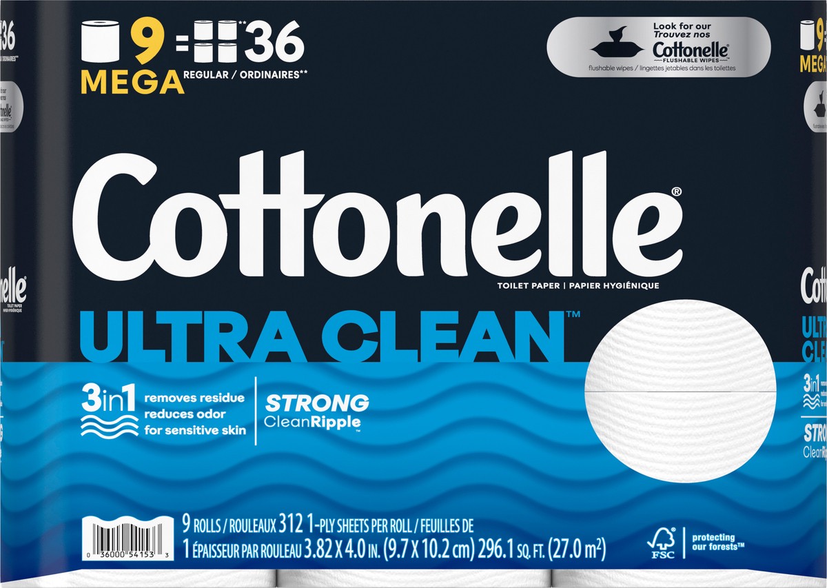 slide 6 of 9, Cottonelle Ultra Clean Toilet Paper, Strong Toilet Tissue, 9 Mega Rolls (9 Mega Rolls = 36 Regular Rolls), 312 Sheets per Roll, 9 ct