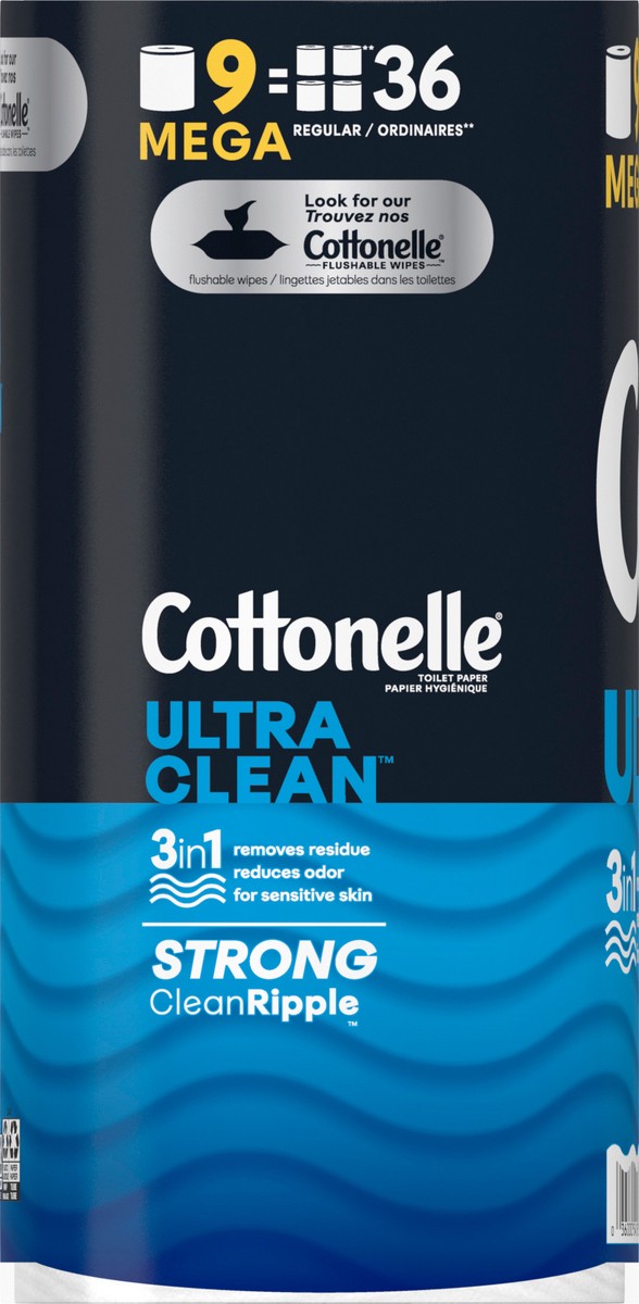 slide 8 of 9, Cottonelle Ultra Clean Toilet Paper, Strong Toilet Tissue, 9 Mega Rolls (9 Mega Rolls = 36 Regular Rolls), 312 Sheets per Roll, 9 ct