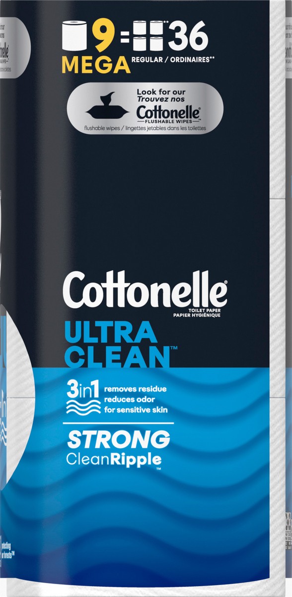 slide 9 of 9, Cottonelle Ultra Clean Toilet Paper, Strong Toilet Tissue, 9 Mega Rolls (9 Mega Rolls = 36 Regular Rolls), 312 Sheets per Roll, 9 ct