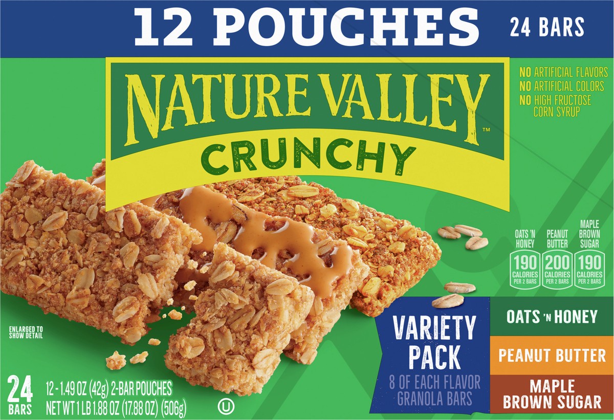 slide 5 of 13, Nature Valley Crunchy Granola Bars, Variety Pack, 24 Bars, 17.88 OZ (12 Pouches), 12 ct
