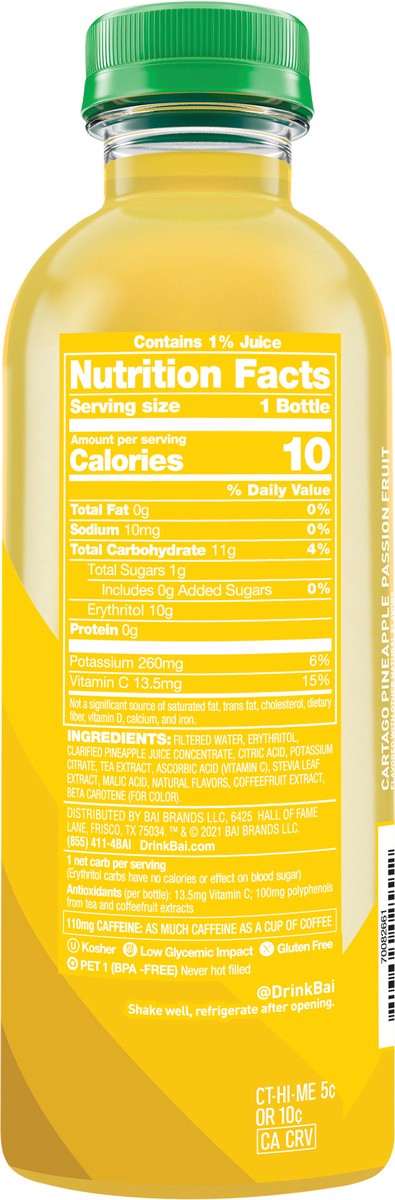 slide 5 of 6, Bai Boost Cartago Pineapple Passion Fruit, Antioxidant Infused Beverage, 18 Fl Oz Bottle, 18 fl oz