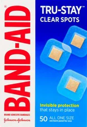BAND-AID Tru-Stay Clear Spots Adhesive Small Square Bandages, Individually Wrapped Discreet First Aid & Wound Care for Minor Cuts & Scrapes, Quilt-Aid Comfort Pads, One Size, 50 ct