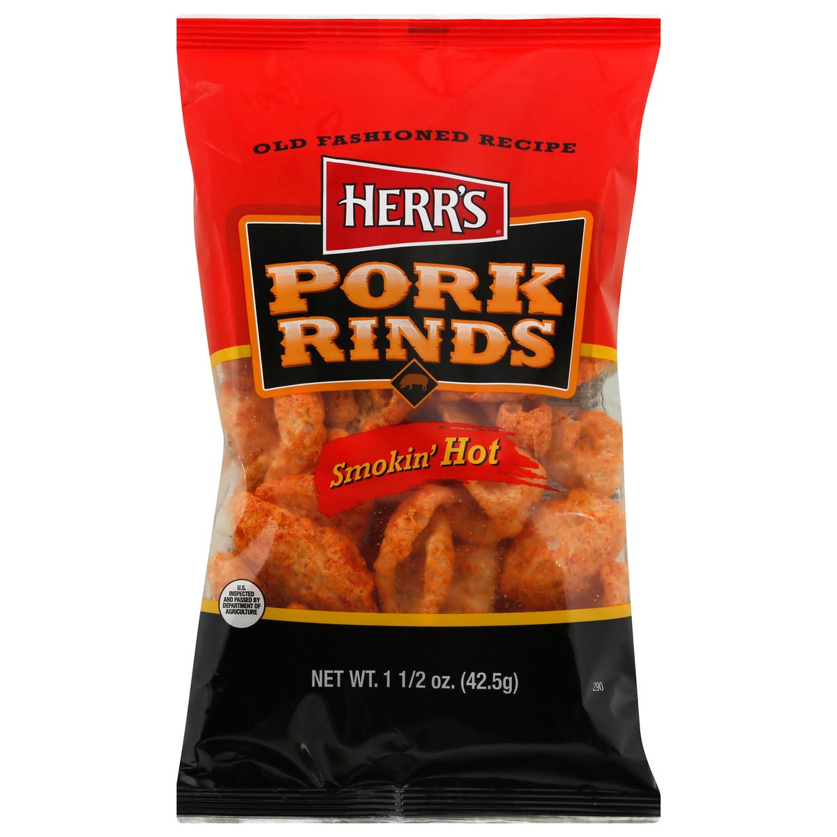 slide 1 of 9, Herr's Pork Rinds, Smoked Hot, 1.5 oz