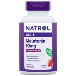 Natrol Melatonin 10mg, Strawberry-Flavored Sleep Support Dietary Supplement for Adults, 100 Fast-Dissolve Tablets, 100 Day Supply