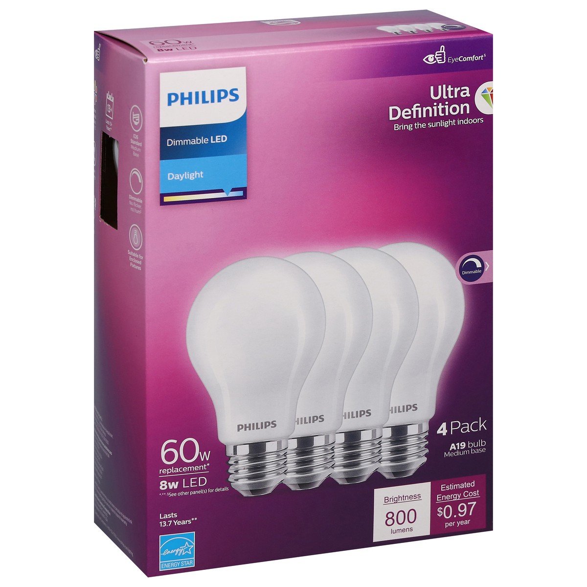 slide 7 of 9, Philips 8 Watts Dimmable Daylight LED Light Bulbs 4 ea, 4 ct