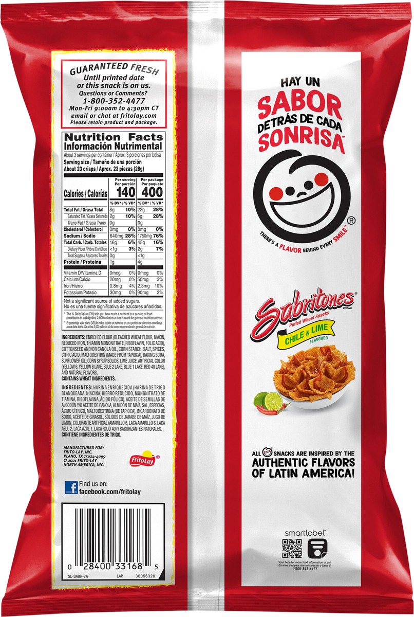 slide 7 of 8, Sabritones Puffed Wheat Snacks Chile & Lime Flavored 2 3/4 Oz, 2.75 oz