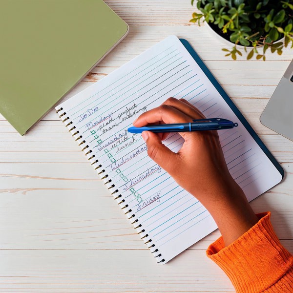 slide 2 of 9, BIC 4-Color Smooth Retractable Ballpoint Pens, Medium Point, 1.0mm, Blue Barrel, Assorted Ink Colors, Pack Of 3 Pens, 3 ct