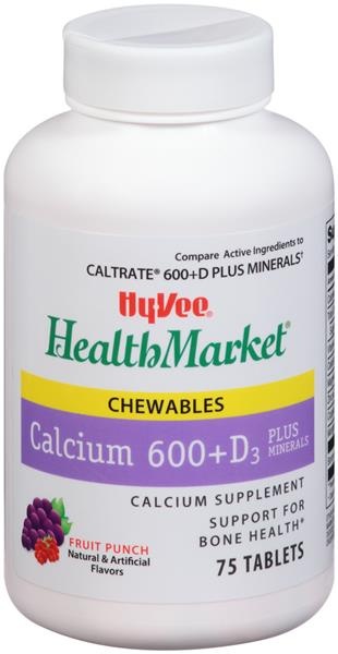 slide 1 of 1, Hy-Vee HealthMarket Fruit Punch Chewables Calcium 600+D3 Plus Minerals Calcium Supplement Tablets, 75 ct