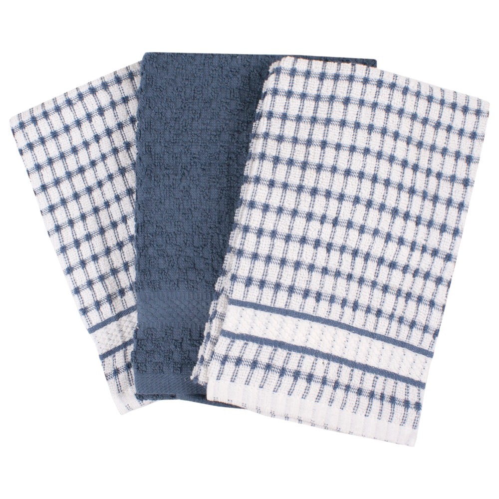 slide 2 of 3, Everyday Living Popcorn Kitchen Terry Towels - Blue/White, 3 ct