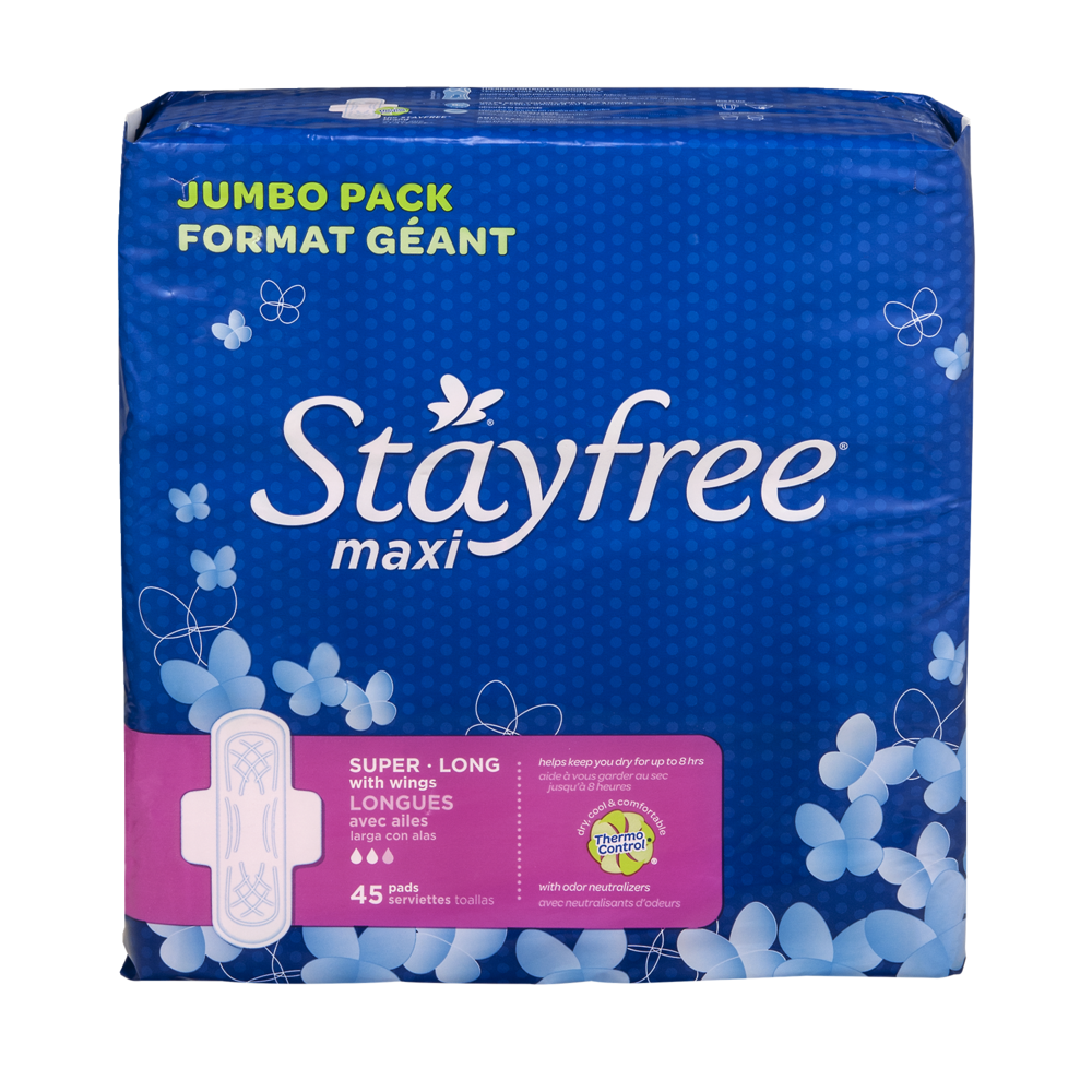 slide 1 of 1, Stayfree Maxi Super Long Pads with Wings, 45 ct