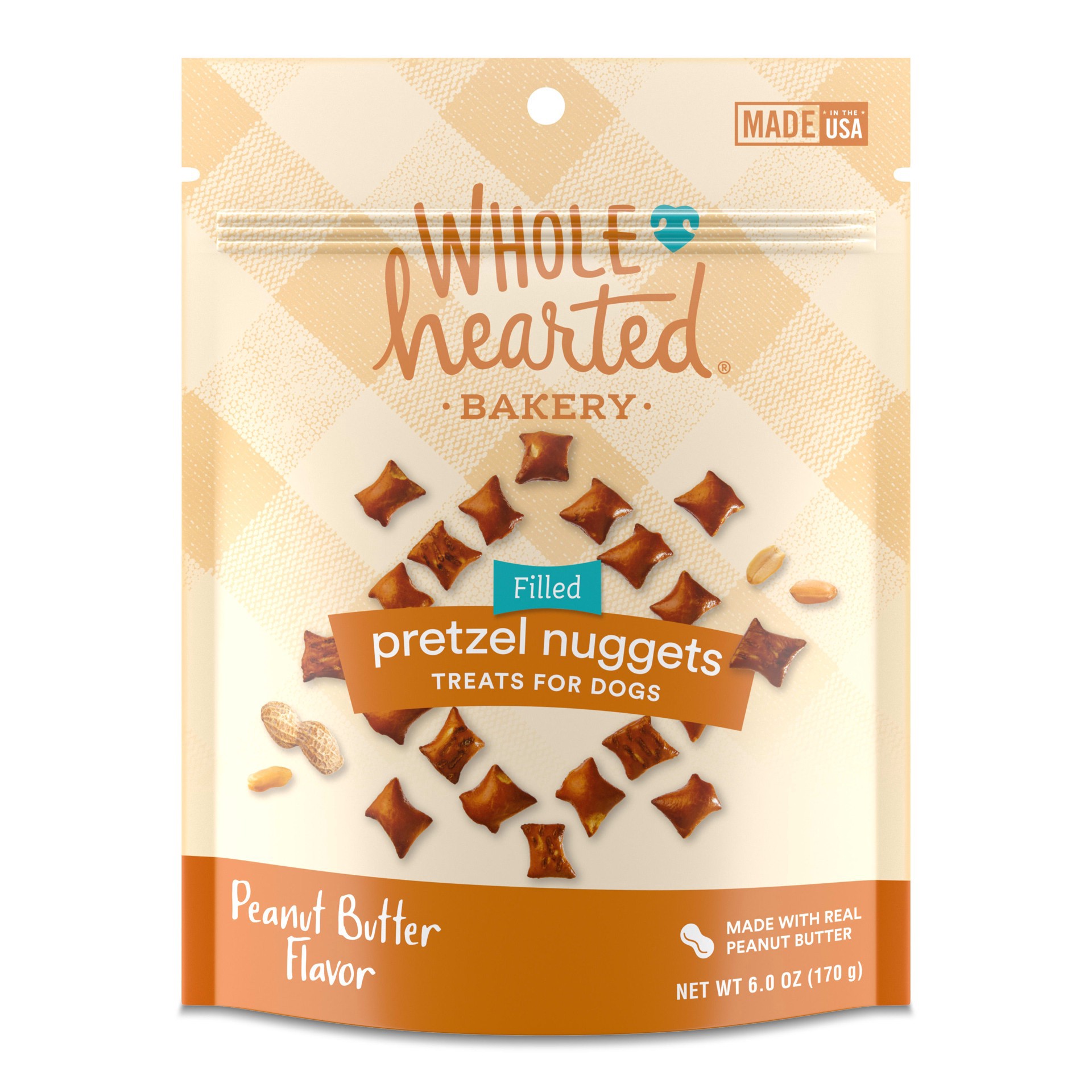 slide 1 of 1, WholeHearted Peanut Butter Flavor Pretzel Nuggets Treats for Dogs, 6 oz., 1 ct