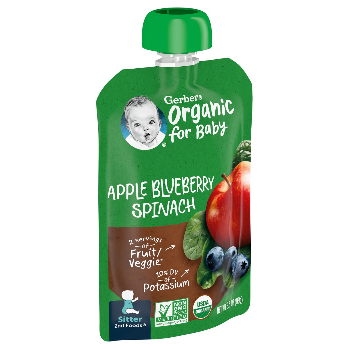 slide 3 of 9, Gerber Stage 2 Baby Food, Organic Apple Blueberry Spinach, 3.5 oz Pouch, 3.5 oz