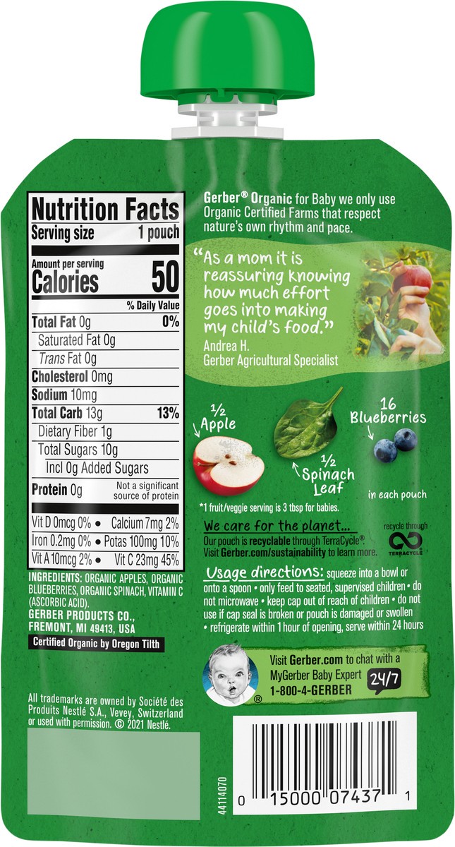 slide 8 of 9, Gerber Stage 2 Baby Food, Organic Apple Blueberry Spinach, 3.5 oz Pouch, 3.5 oz