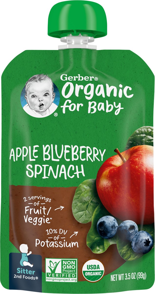 slide 6 of 9, Gerber Stage 2 Baby Food, Organic Apple Blueberry Spinach, 3.5 oz Pouch, 3.5 oz