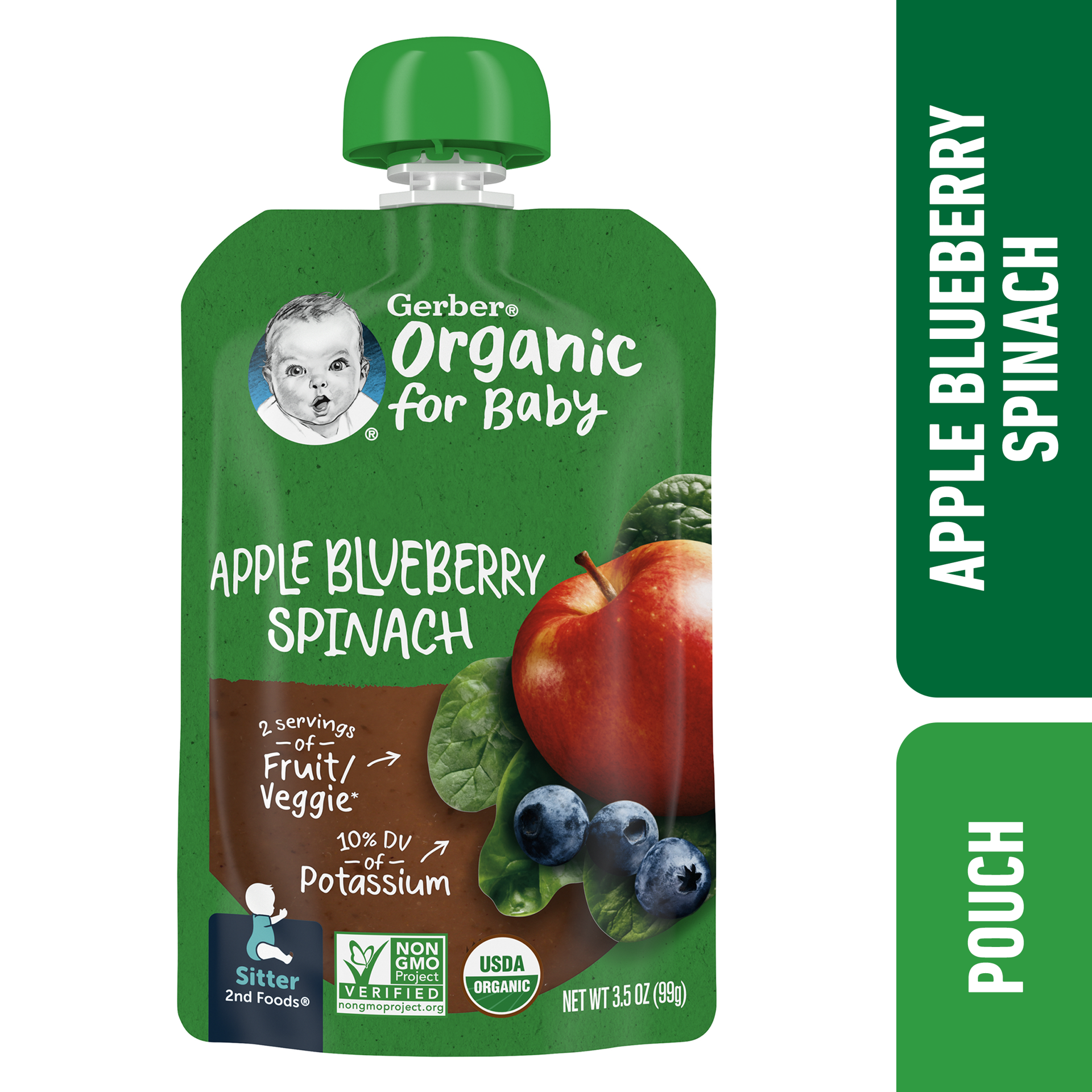 slide 1 of 9, Gerber Stage 2 Baby Food, Organic Apple Blueberry Spinach, 3.5 oz Pouch, 3.5 oz